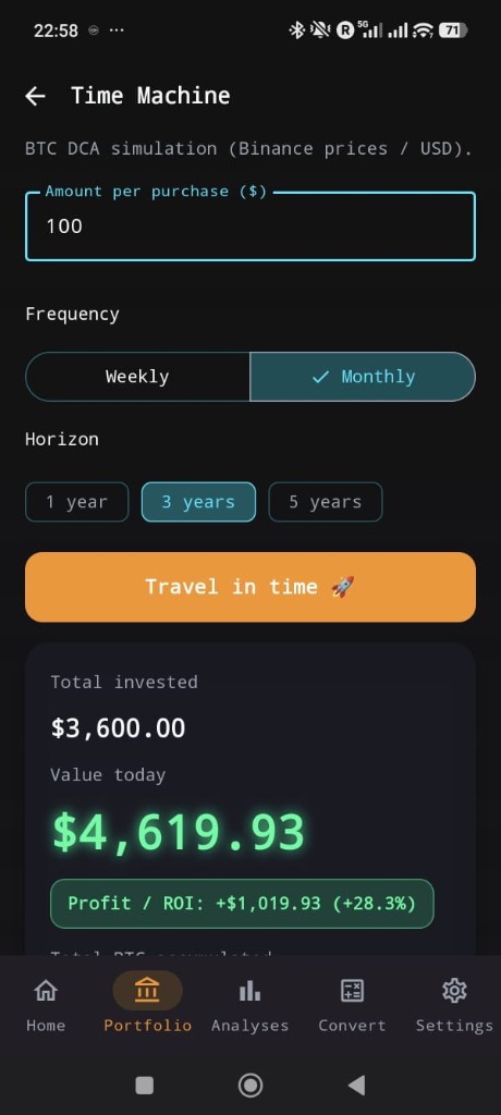 DCA Time Machine simulating BTC purchases with ROI